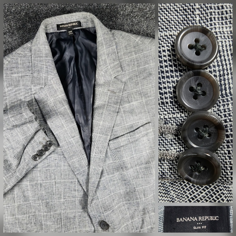 Banana Republic Slim Fit Linen Cotton Blend Blazer Mens 46R Grey Windowpane